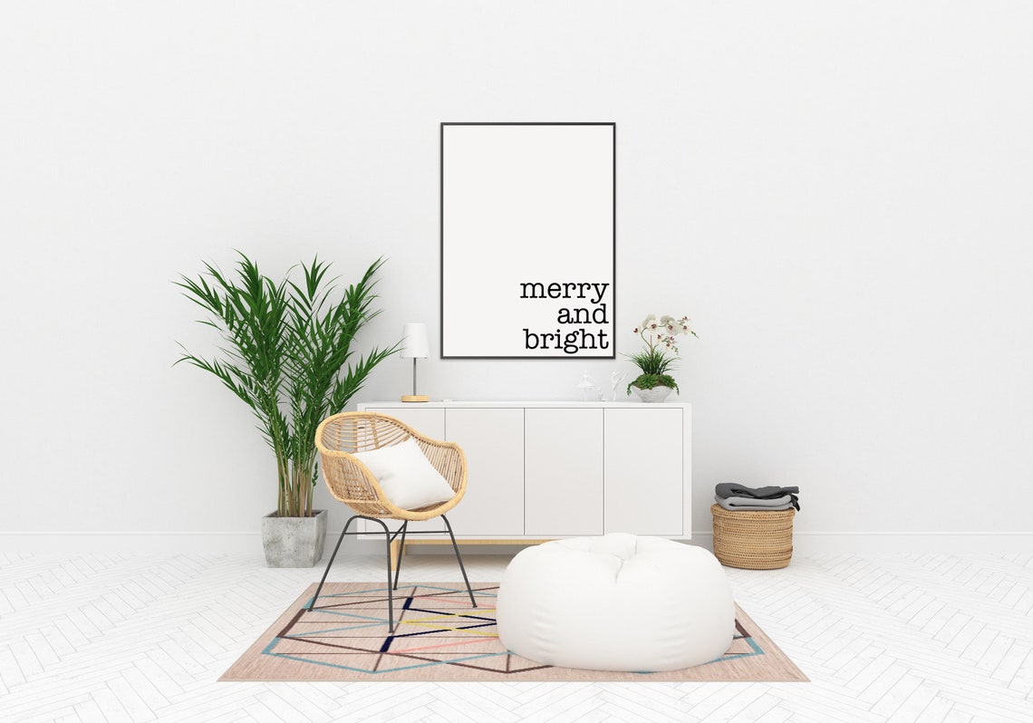 Merry and Bright Minimalist Christmas Word Print Black White Decor - Image 3