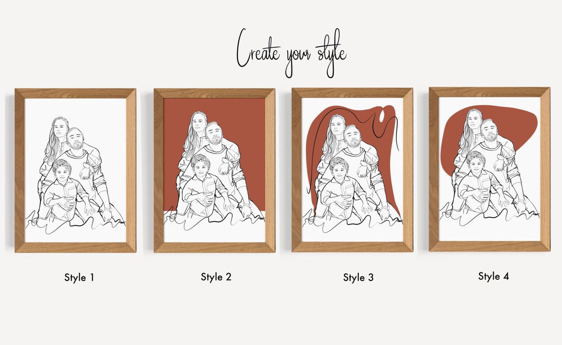Parents and Son Terracotta Background Custom Line Portrait Poster - Image 3