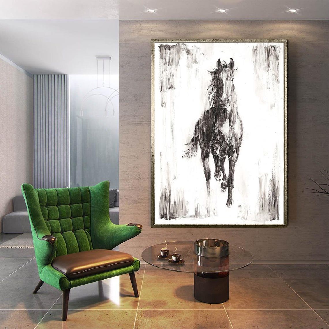 Black and White Galloping Horse Minimalist Equine Artwork Poster