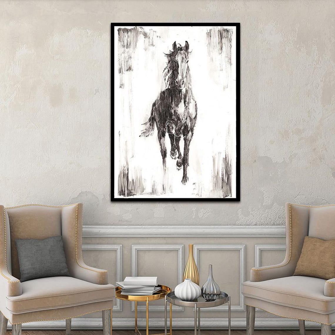 Black and White Galloping Horse Minimalist Equine Artwork Poster - Image 2