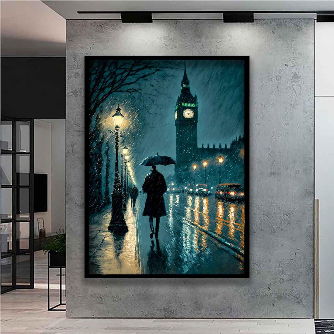 Rainy London Night Street with Big Ben Umbrella Cityscape Poster - Image 2