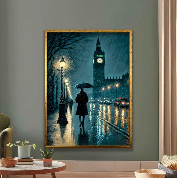Rainy London Street Scene Big Ben Night Cityscape Atmospheric Umbrella Walk Print Moody Urban Wall Art
