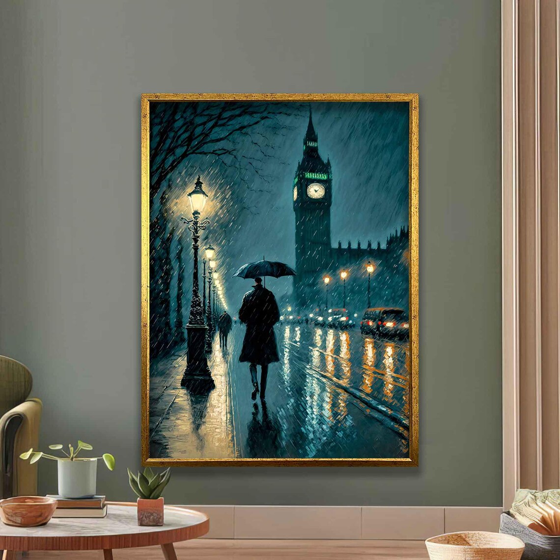 Rainy London Night Street with Big Ben Umbrella Cityscape Poster