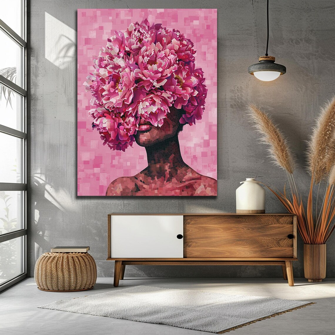 Pink Peony Floral Woman Mosaic Portrait Romantic Artwork Poster - Image 3