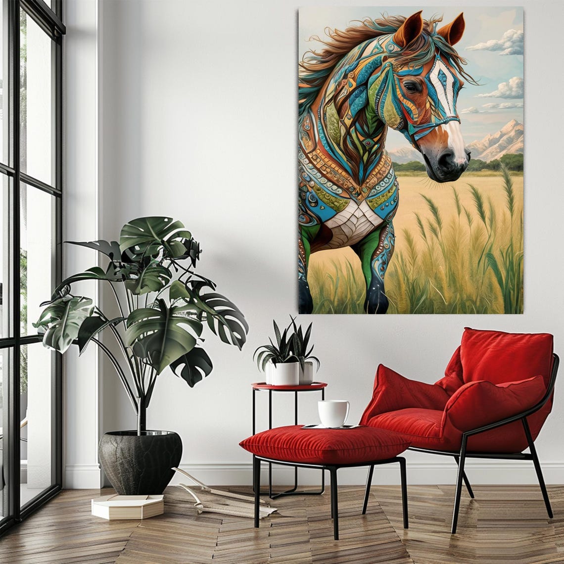 Tribal Painted Horse Wall Art with Geometric Patterns in Wheat Field - Image 3