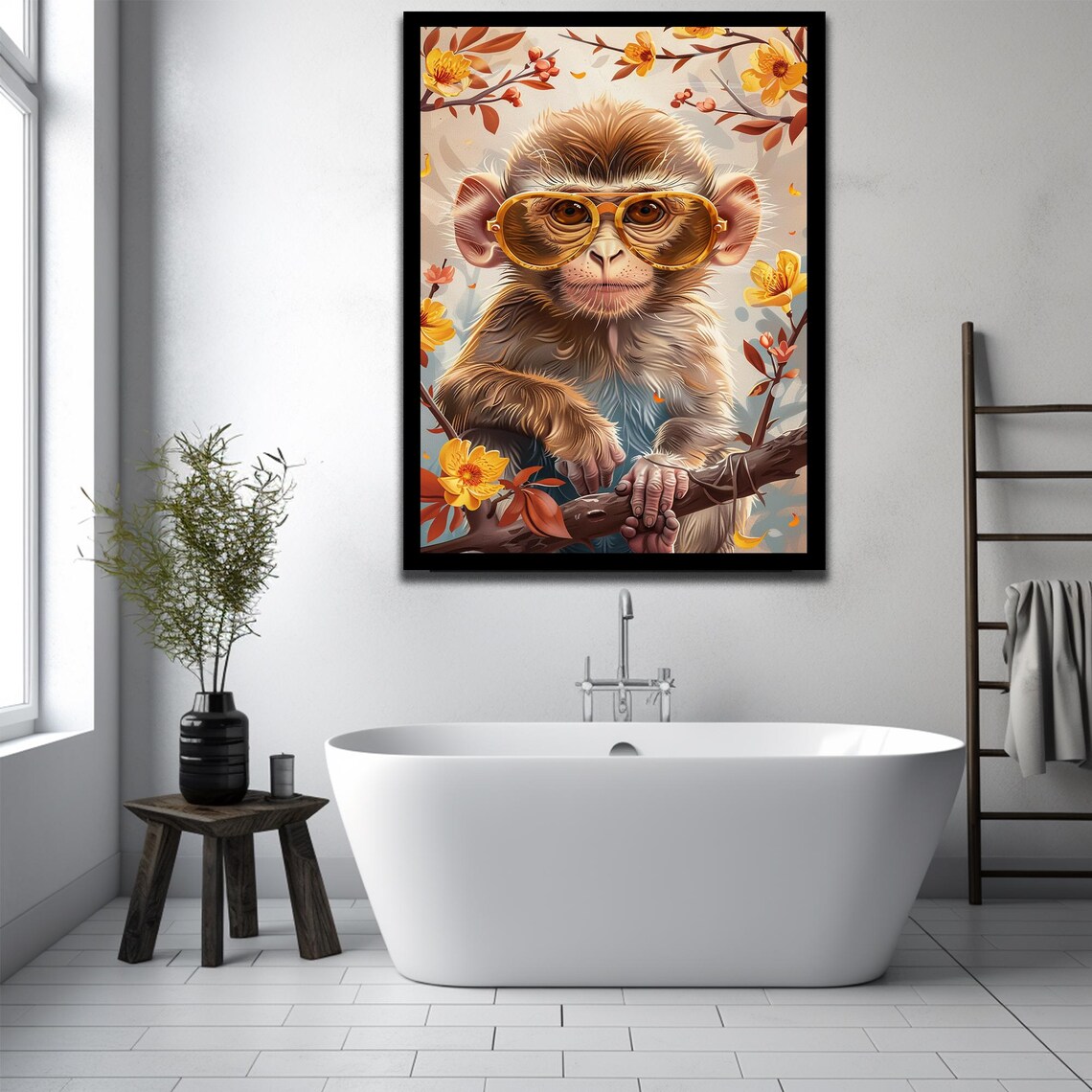 Cute Baby Monkey Oversized Sunglasses Autumn Floral Art Poster - Image 3