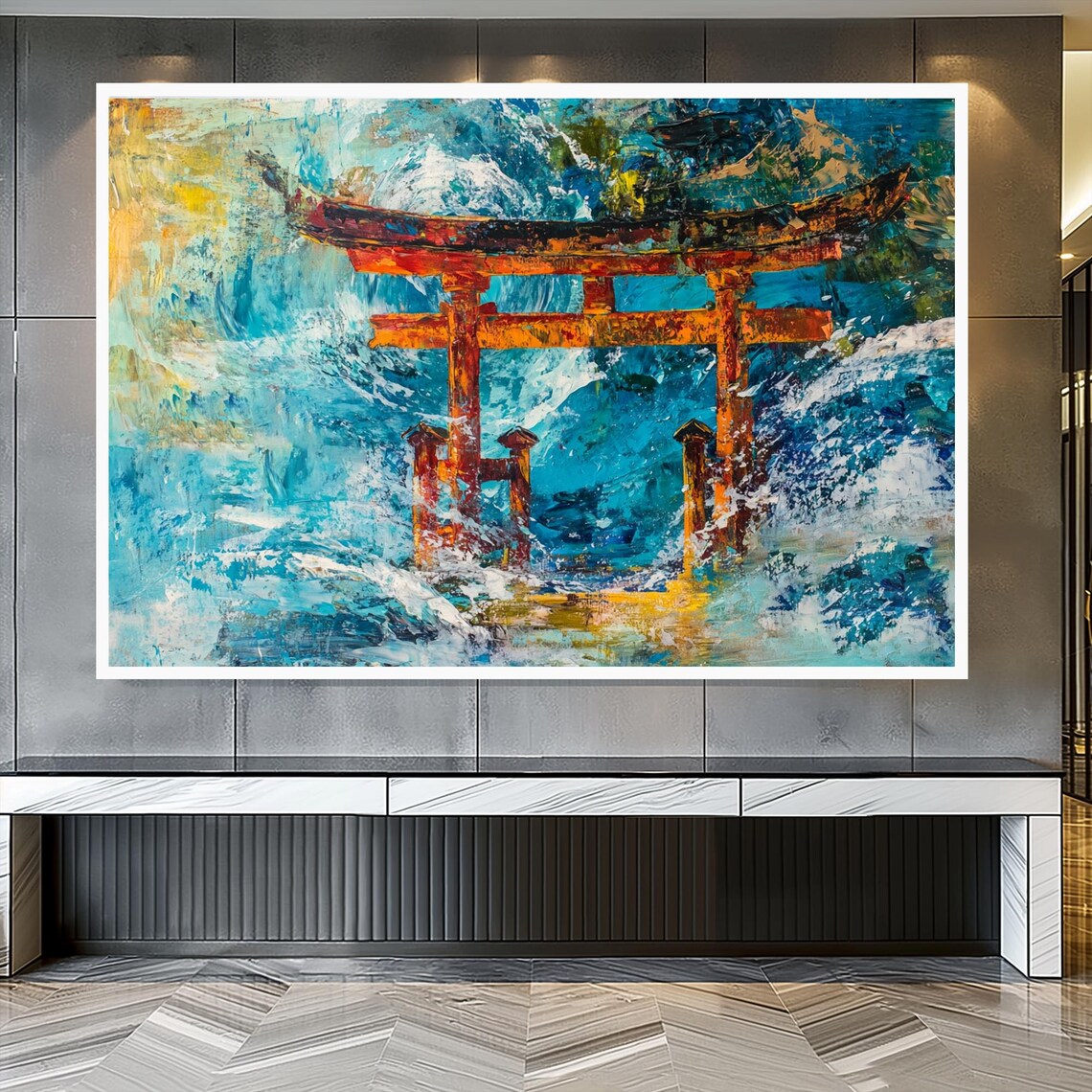 Red Torii Gate Crashing Turquoise Waves Abstract Ocean Poster - Image 3