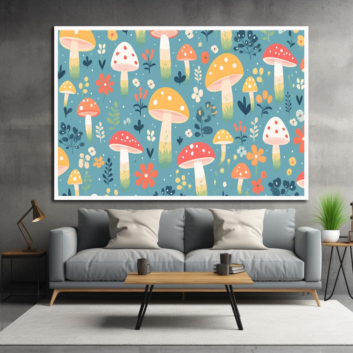 Whimsical Mushroom Forest Floral Pattern Teal Nursery Wall Print - Image 2