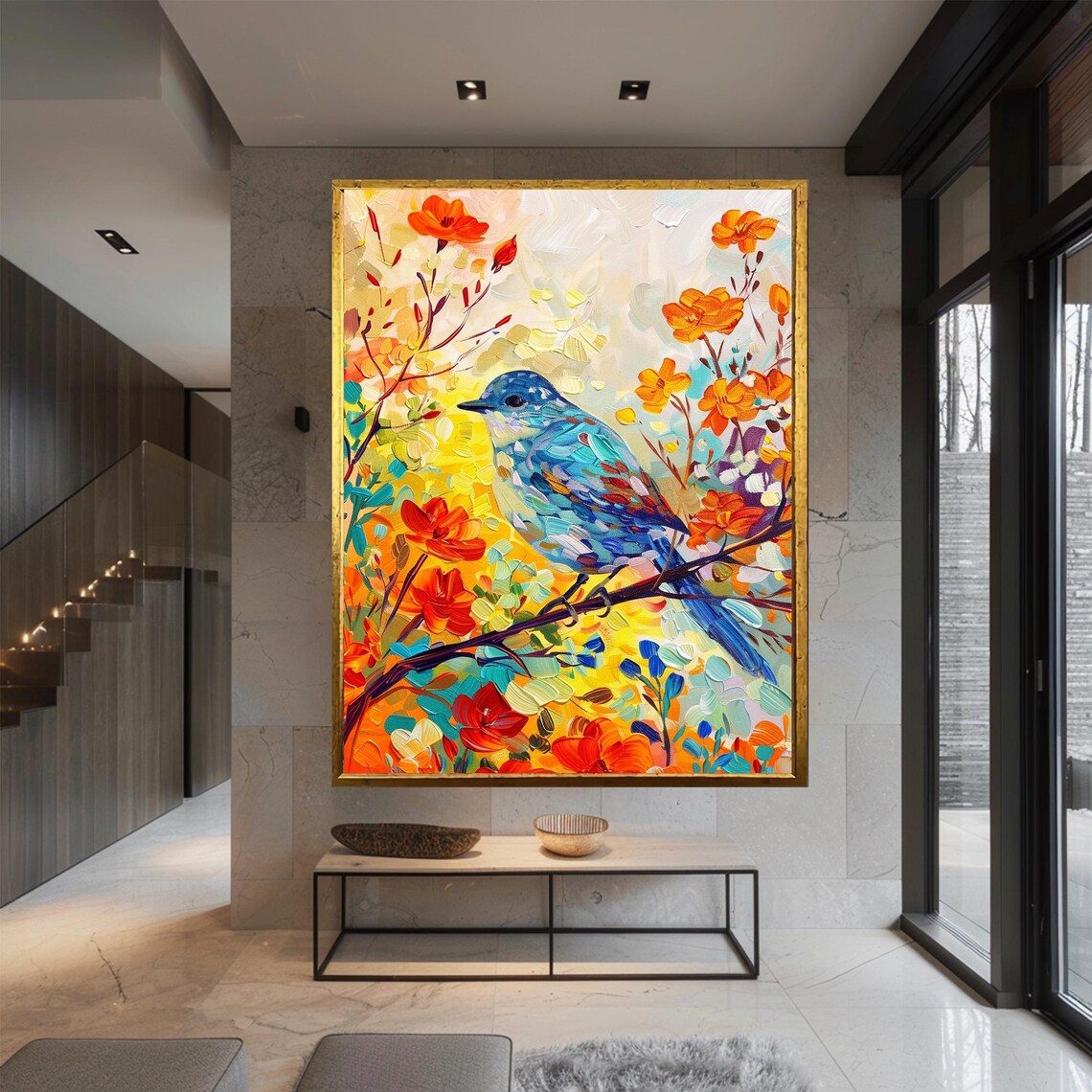 Colorful Blue Bird Wall Art with Orange Flowers in Painterly Style - Image 2