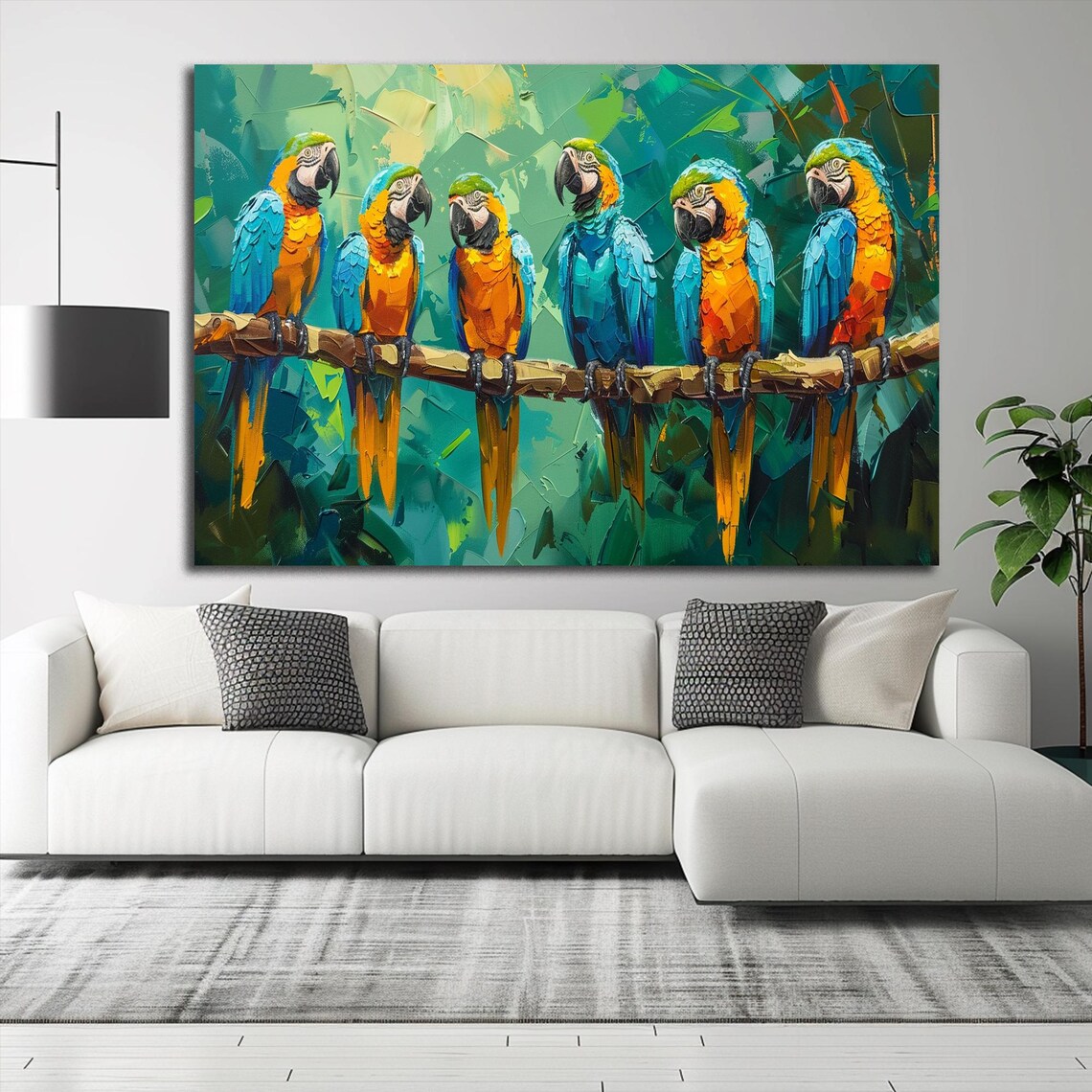 Six Colorful Macaw Parrots on Branch Tropical Bird Jungle Wall Art - Image 2