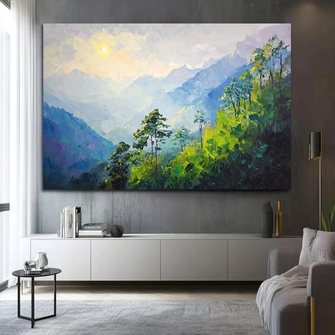 Misty Blue Mountains Green Forest Hills Impressionist Poster - Image 3