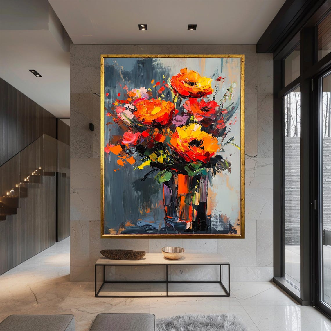 Red Orange Poppy Bouquet Impasto Flowers Grey Background Floral Poster - Image 3