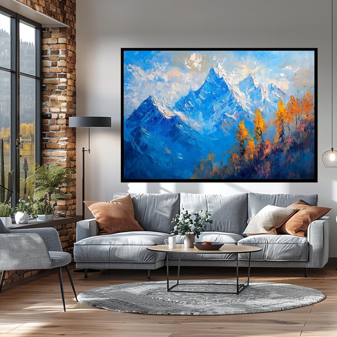Deep Blue Mountain Peaks Golden Autumn Trees Oil Painting Poster - Image 3