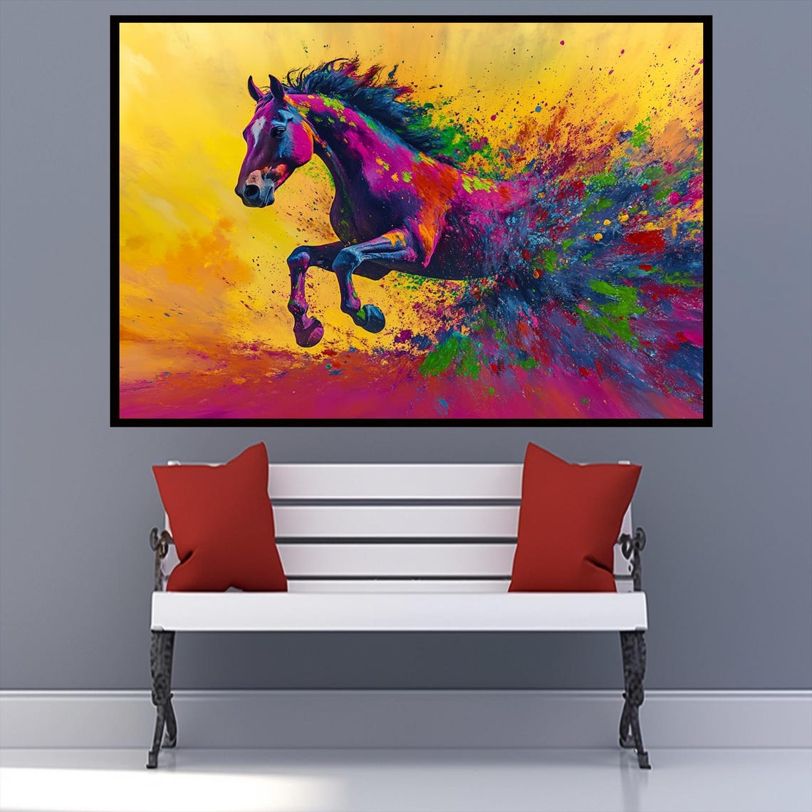 Rainbow Running Horse Paint Splatter Gold Background Pop Art Poster - Image 3