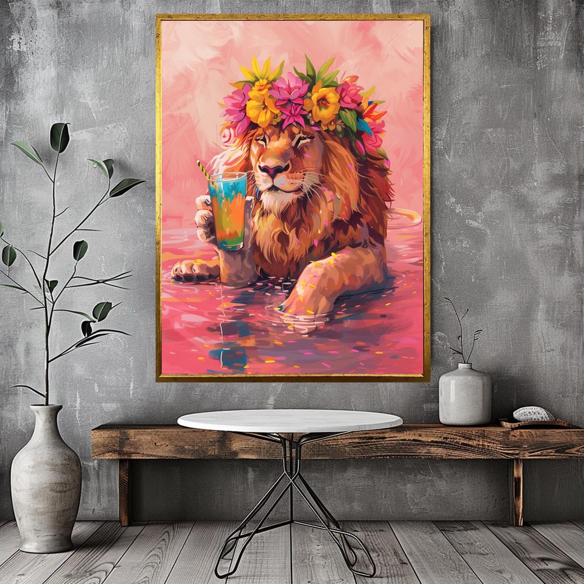 Playful Lion Poolside Cocktail Party Flower Crown Pop Art Poster - Image 2
