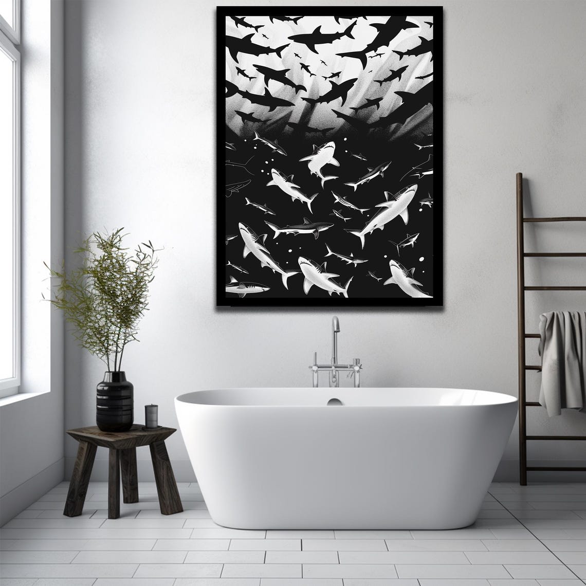 Black and White Shark School Swimming Ocean Monochrome Wall Art - Image 2