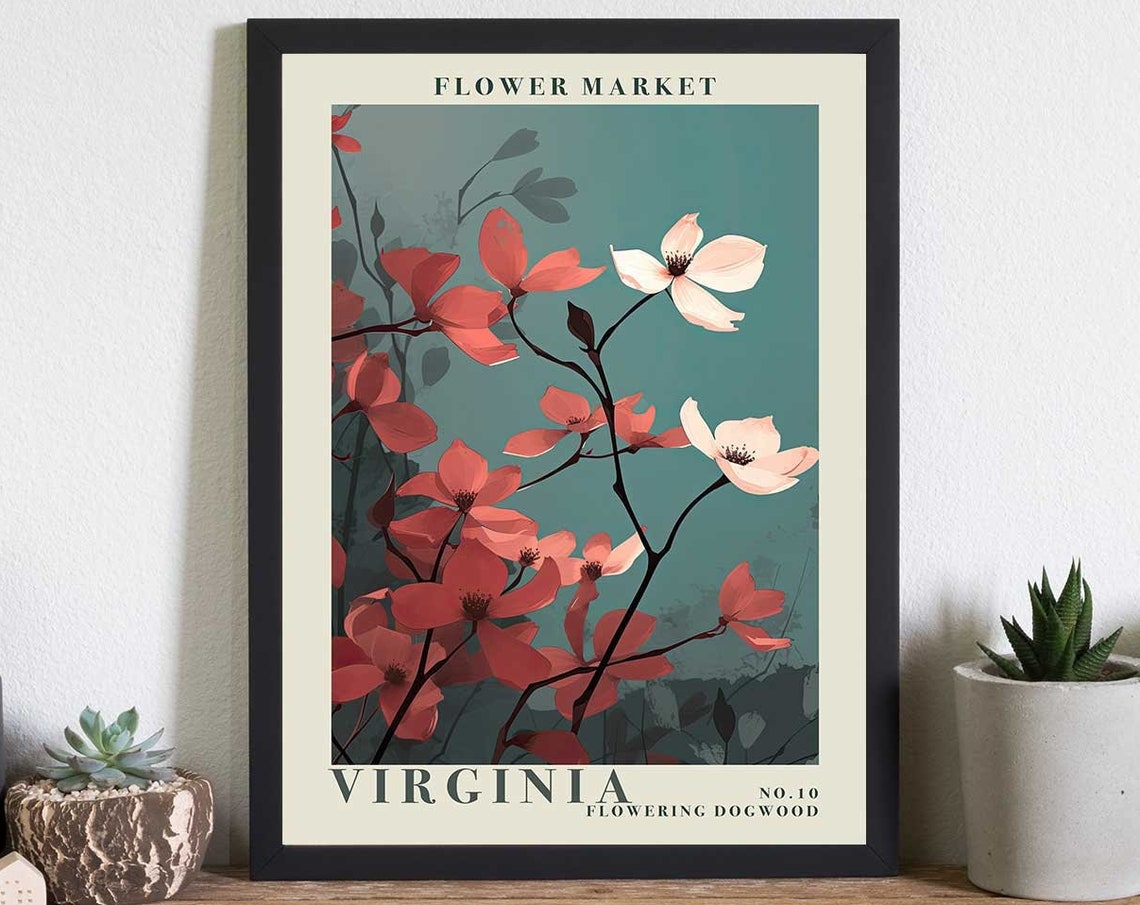 Virginia Flowering Dogwood Coral Blossoms Teal Botanical Poster
