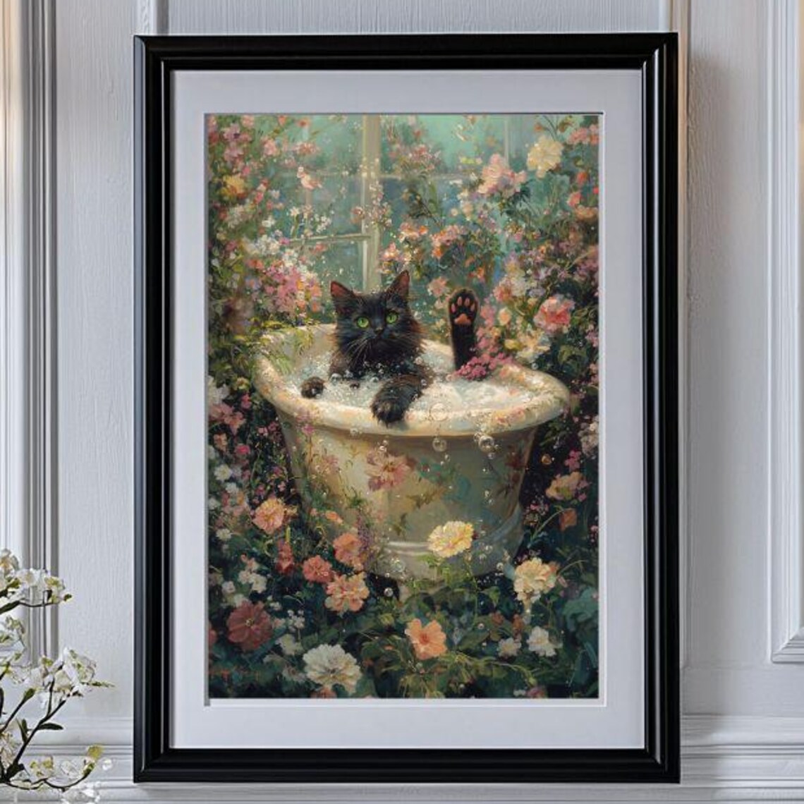 Black Cat In Garden Bubble Bath, Floral Cat Art Print