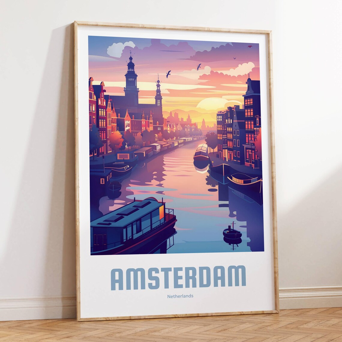 Amsterdam Netherlands Poster of Canals and Houseboats at Pink Sunset - Image 3