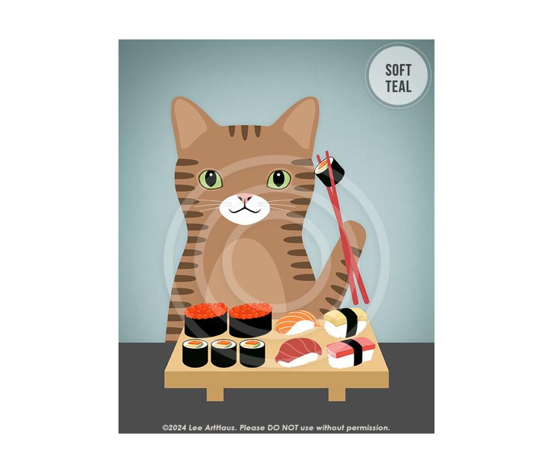 Brown Tabby Cat Eating Sushi With Chopsticks Funny Cat Art Poster - Image 2