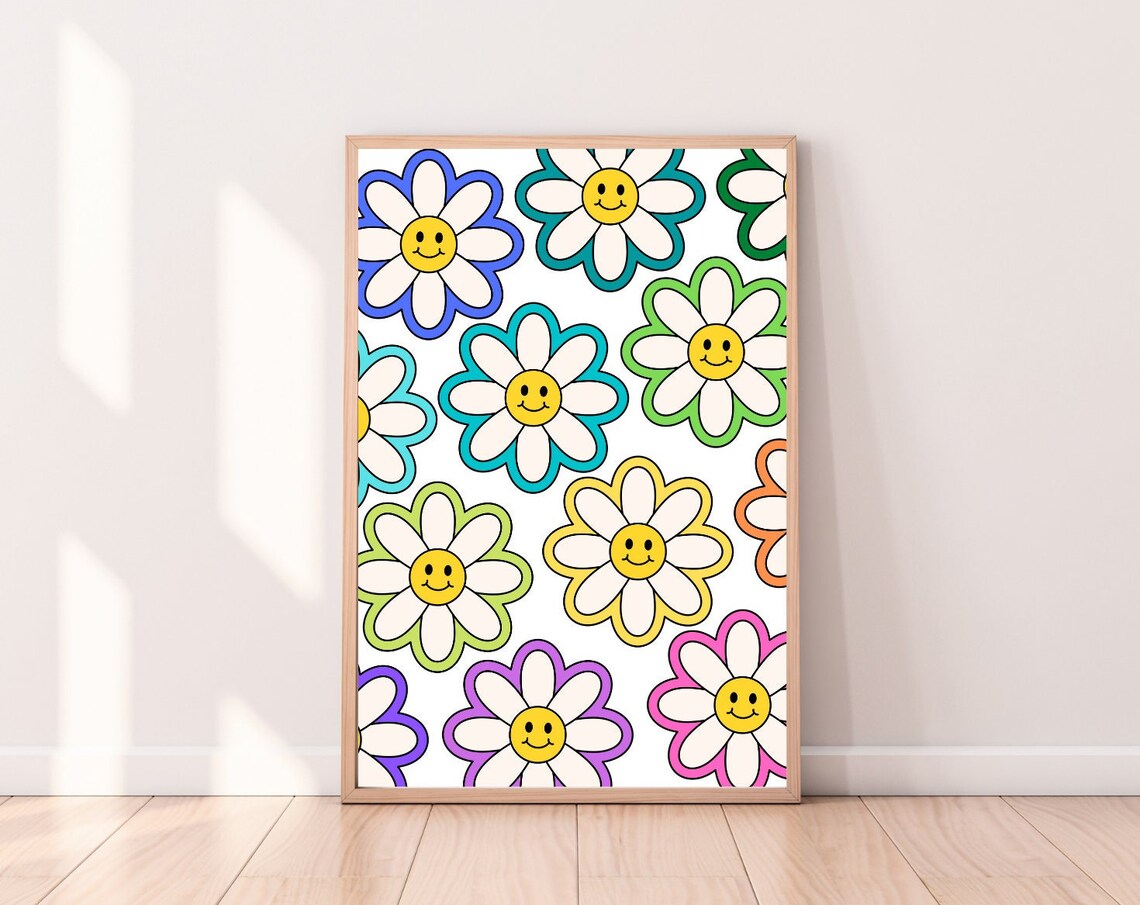 Smiley Daisy Flower Pattern Retro Colorful Happy Kids Room Wall Art