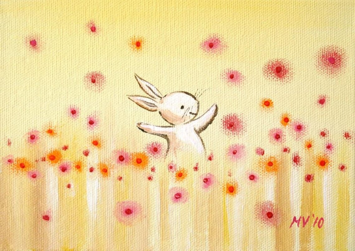 Happy White Bunny Jumping In Yellow Flower Field Spring Art Poster