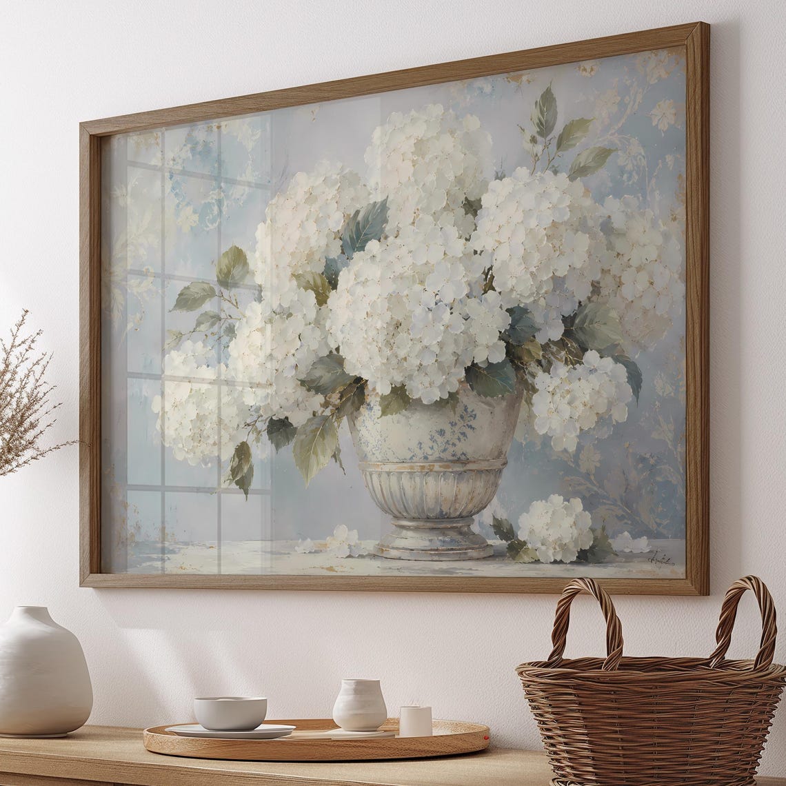 White Hydrangea Floral Bouquet Blue Rustic Vase Shabby Chic Poster