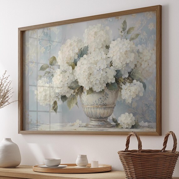 White Hydrangea Floral Bouquet Blue Rustic Vase Shabby Chic Poster