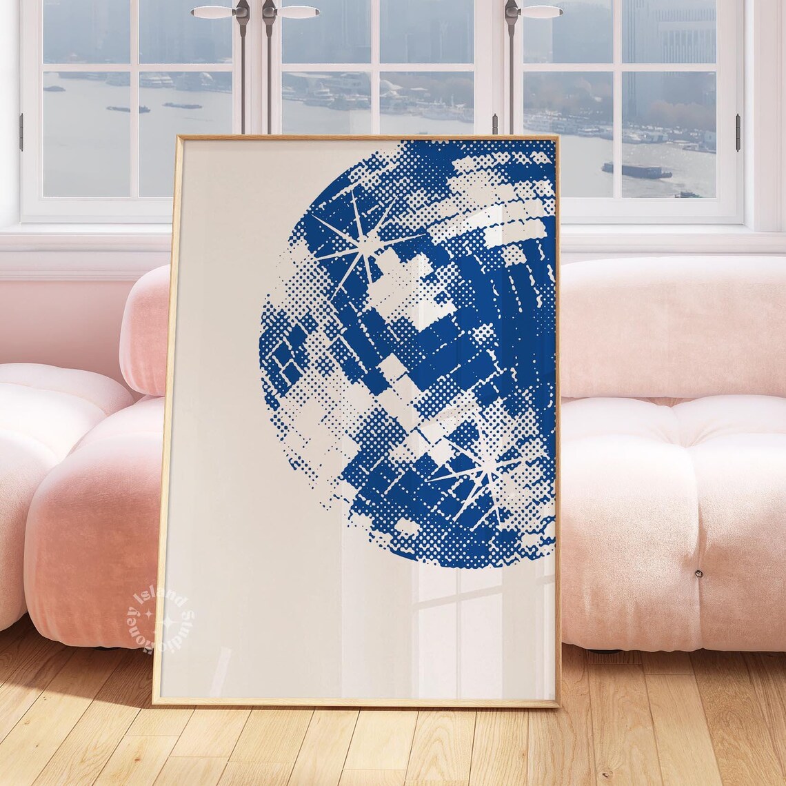 Retro Blue Disco Ball Halftone Graphic Minimalist Dorm Wall Art