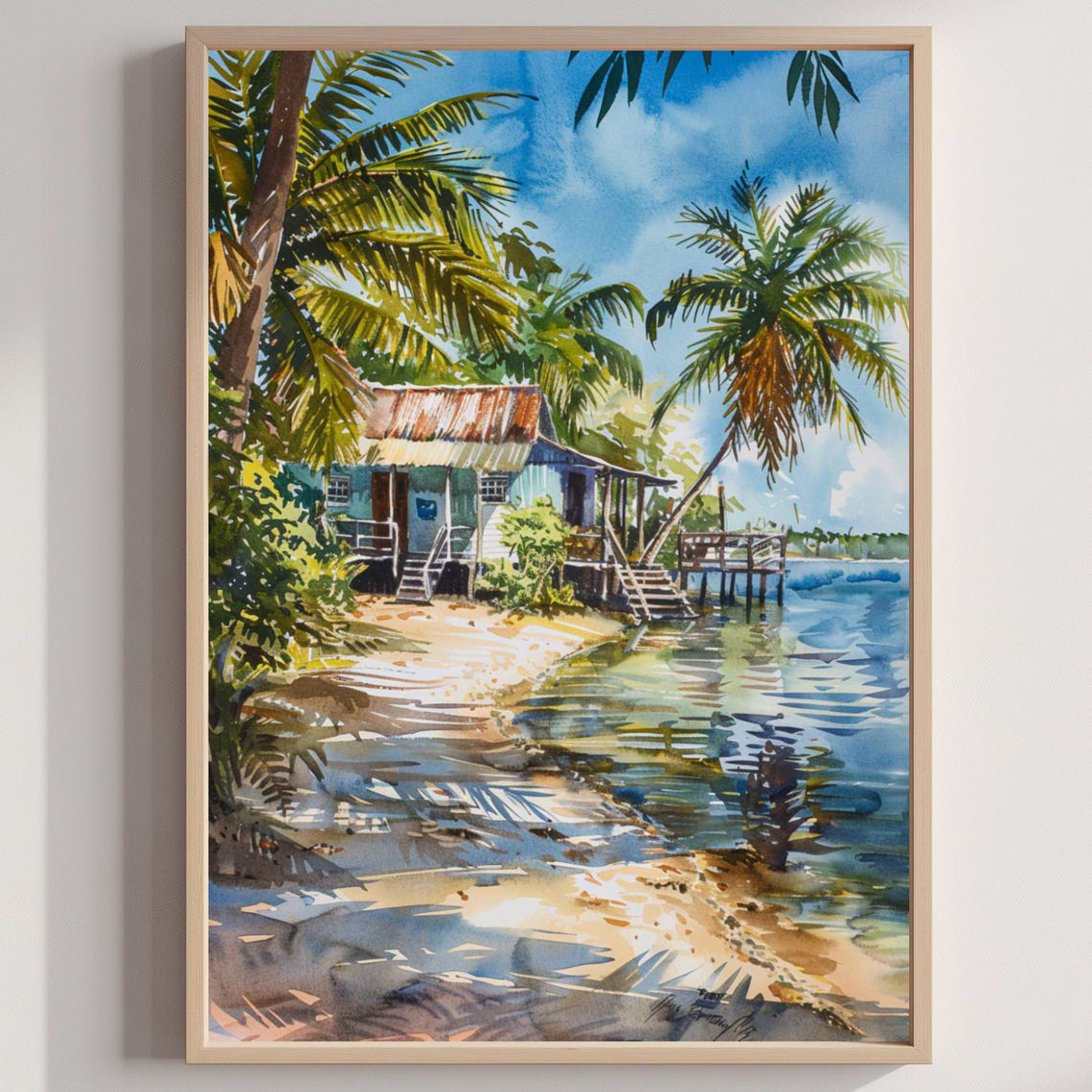 Tropical Beach Hut on Stilts Palm Trees Watercolor Travel Poster