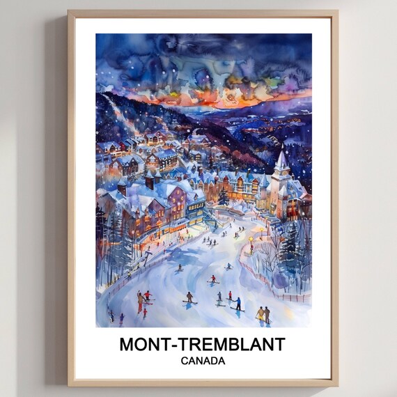 Mont-Tremblant Canada Ski Resort Watercolor Poster Night Village