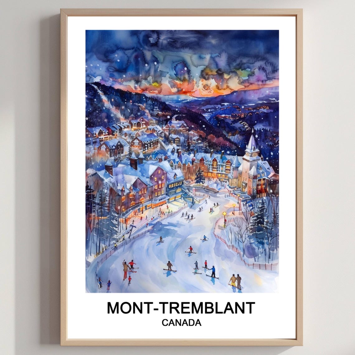 Mont-Tremblant Canada Ski Resort Watercolor Poster Night Village