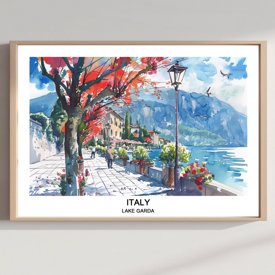 Lake Garda Italy Watercolor Poster of the Lakeside Promenade Walk