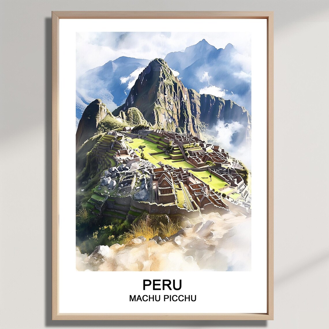 Machu Picchu Peru Watercolor Travel Poster Andes Mountain Ruins View