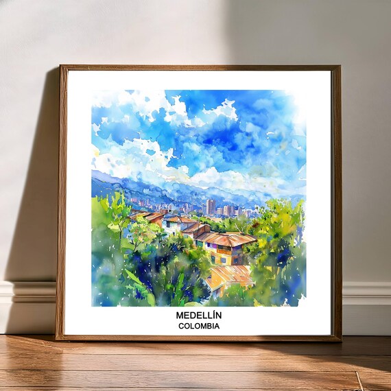 Medellin Colombia Watercolor Mountain Cityscape Travel Poster
