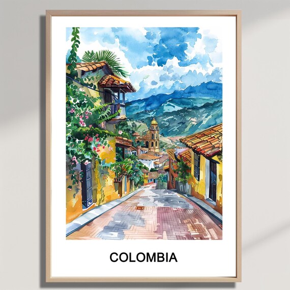 Colombia Colonial Street Church Tower Watercolor Travel Poster