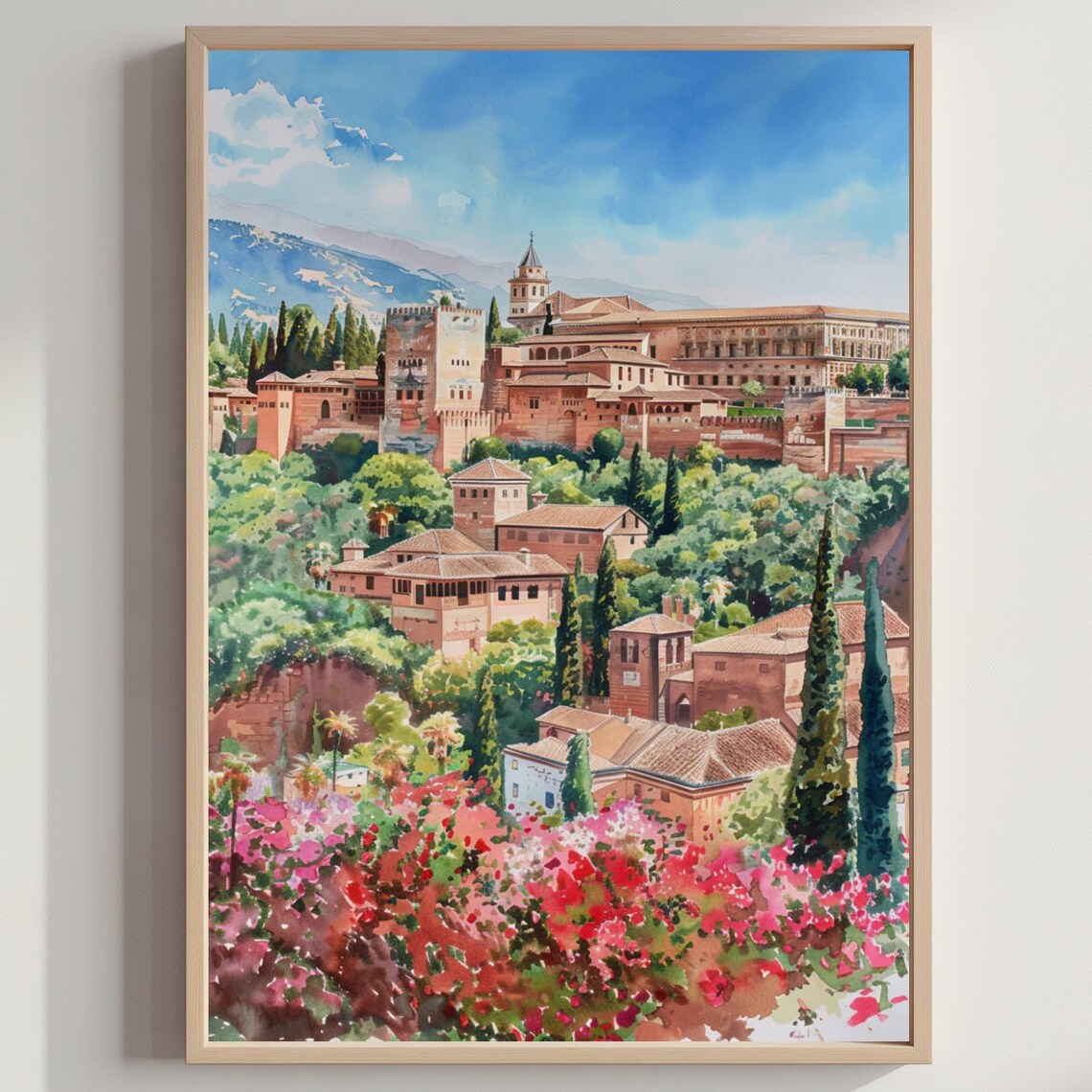 Alhambra Palace Granada Spain Watercolor Travel Landmark Poster