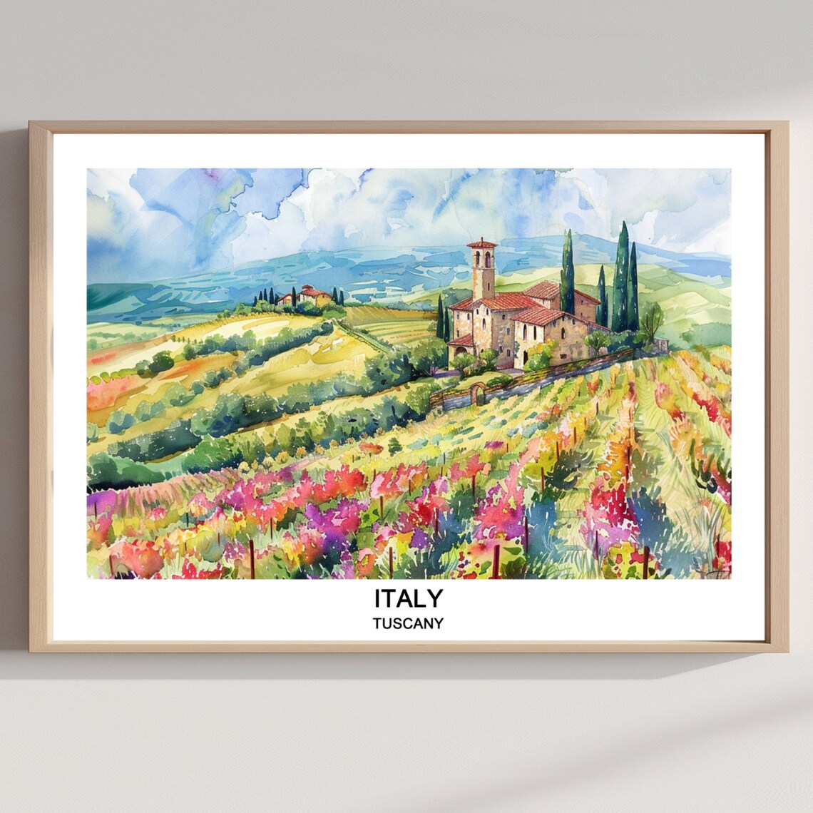 Tuscany Italy Rolling Golden Hills Cypress Watercolor Travel Poster