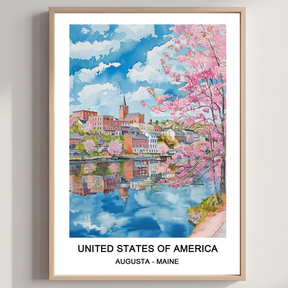Augusta Maine Waterfront Pink Blossom Reflection Watercolor Travel Poster
