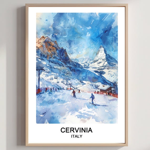 Cervinia Ski Resort Italy Watercolor Art Print Italian Travel Poster