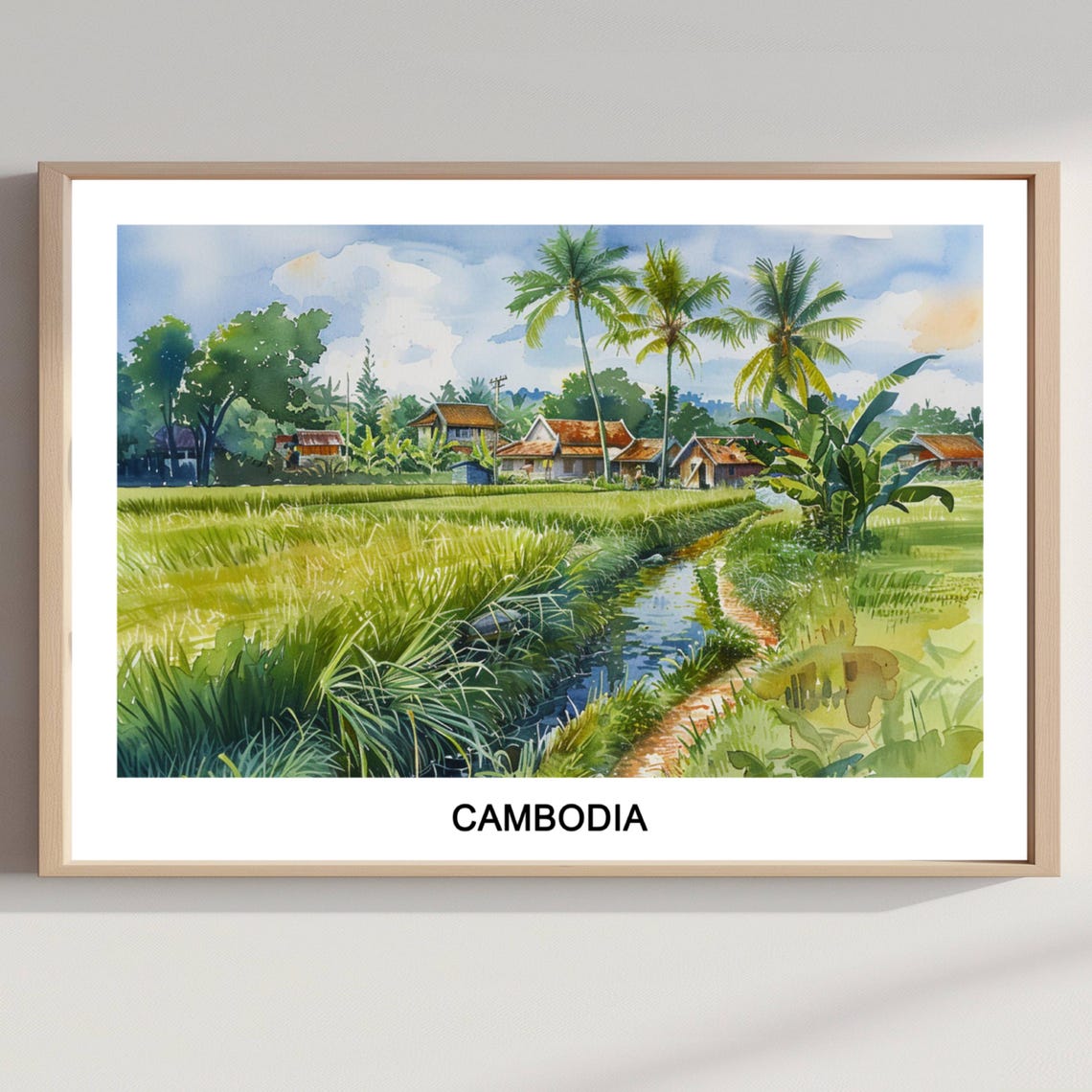 Peaceful Cambodia Rice Paddy Village Stream Watercolor Poster