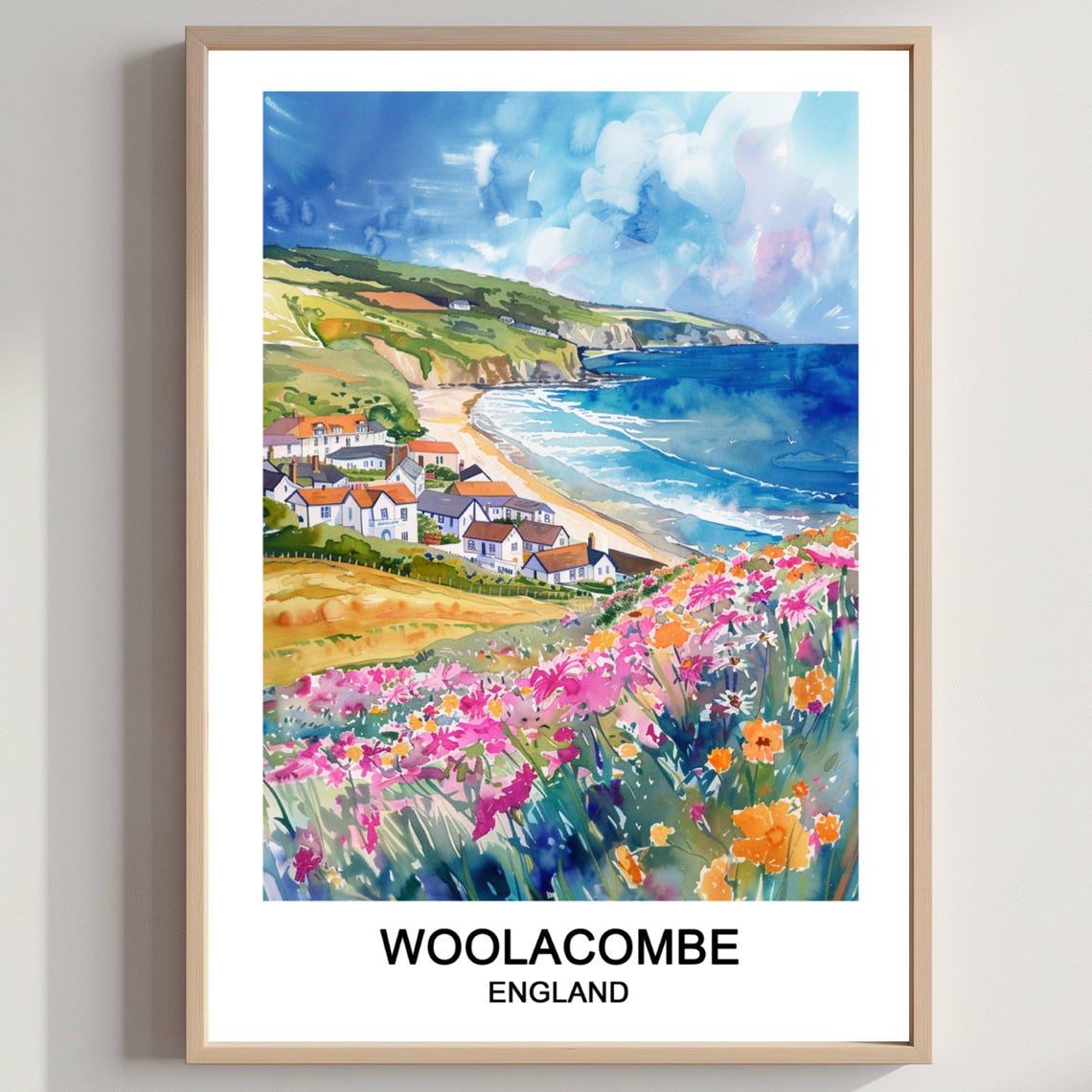 Woolacombe England Watercolor Beach Coastal Wildflowers Travel Poster