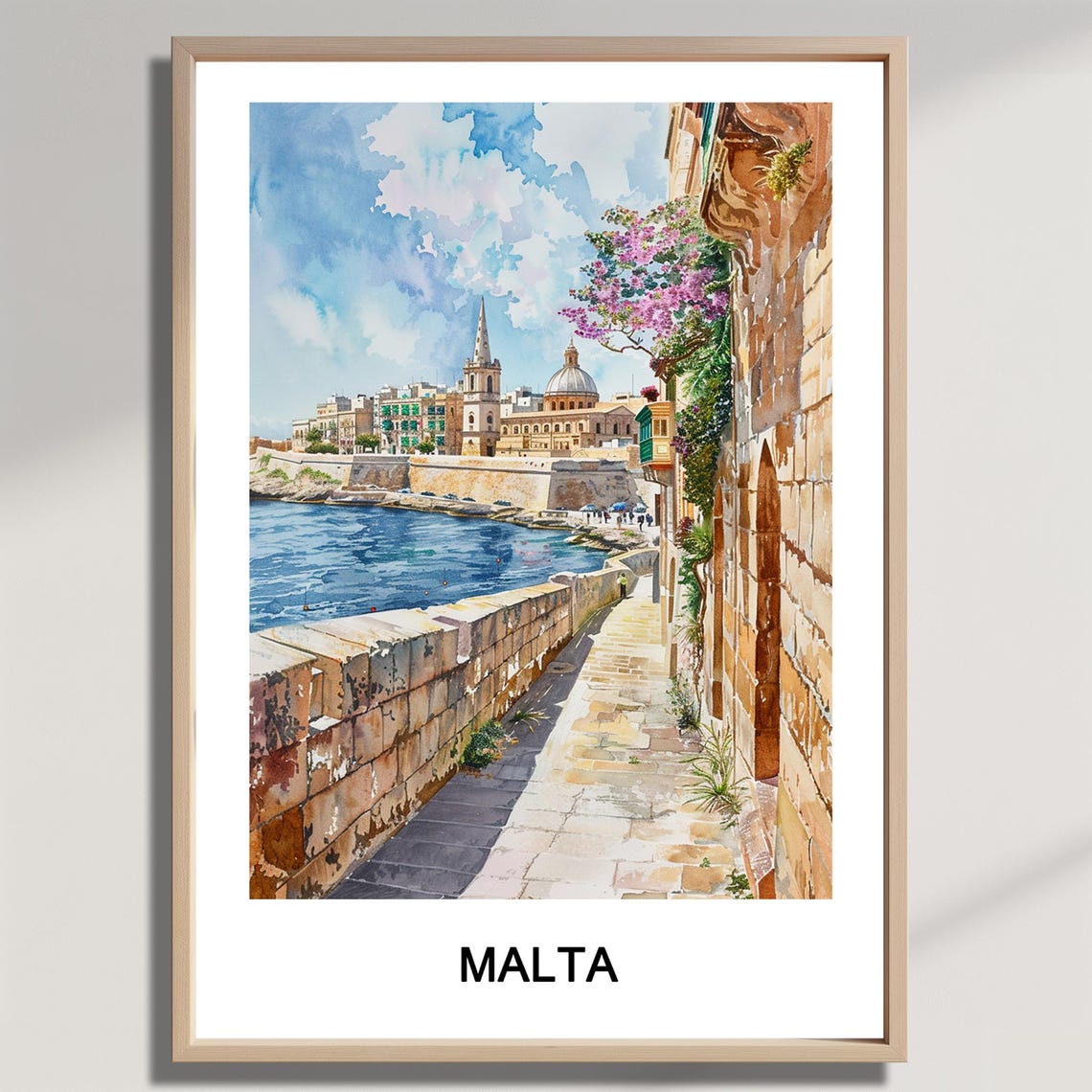 Malta Valletta Harbor Watercolor Historic Old Stone Wall Poster