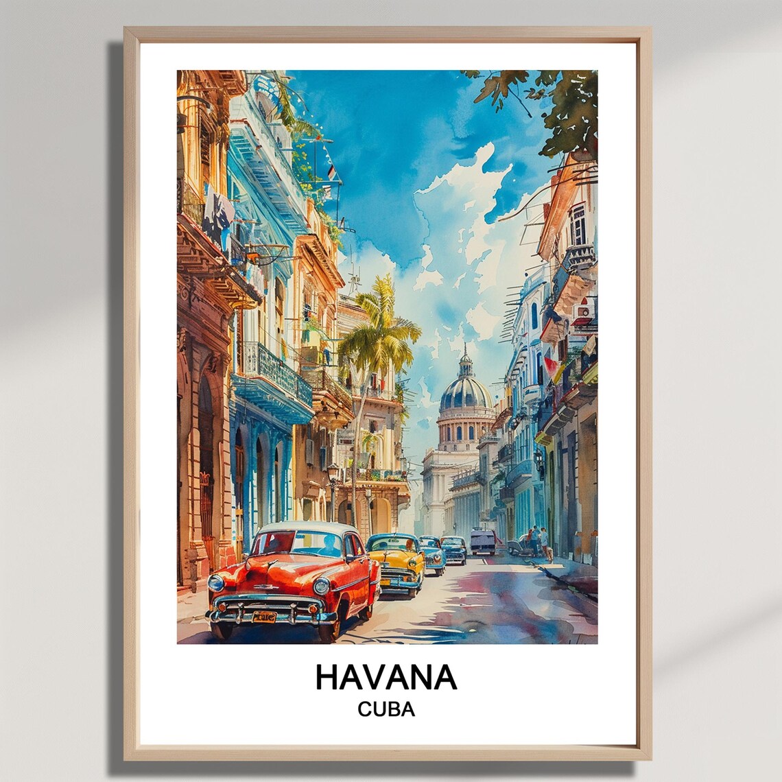 Havana Cuba Classic Cars Watercolor Street Scene Travel Poster