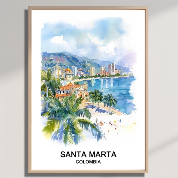 Santa Marta Colombia Coastal Cathedral Palms Watercolor Travel Poster