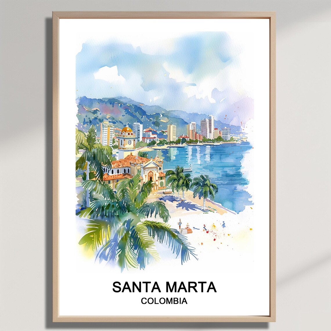 Santa Marta Colombia Coastal Cathedral Palms Watercolor Travel Poster