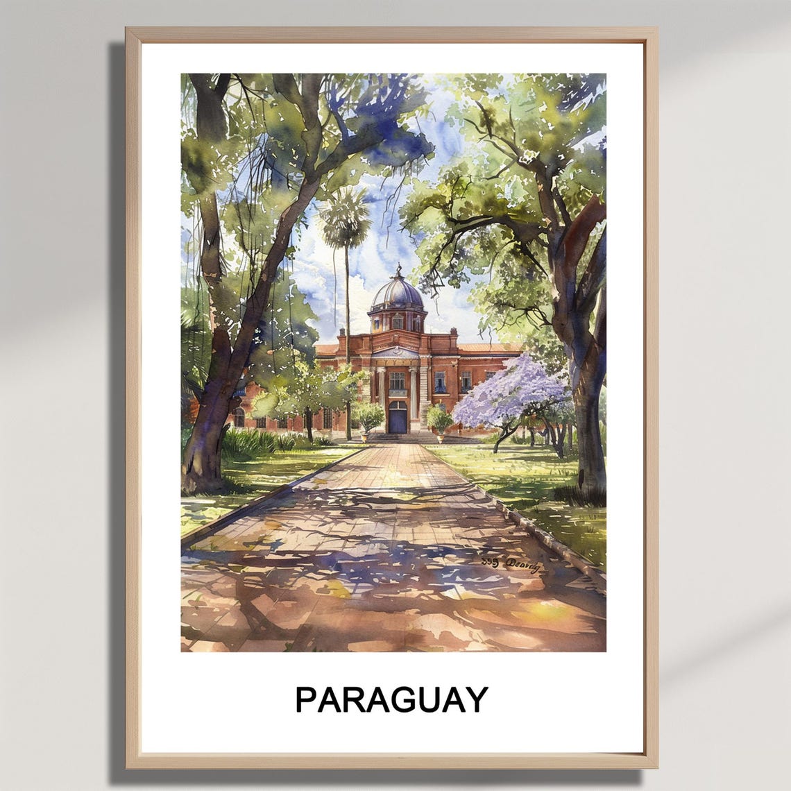 Paraguay Tree Lined Path Historic Building Watercolor Poster