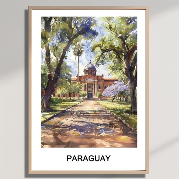 Paraguay Tree Lined Path Historic Building Watercolor Poster