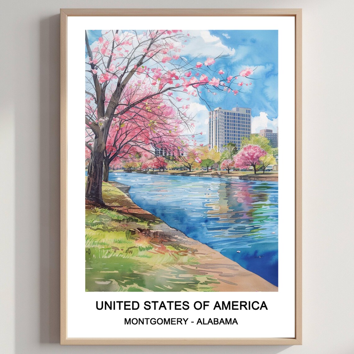 Montgomery Alabama Watercolor Riverfront Cherry Blossom Travel Poster