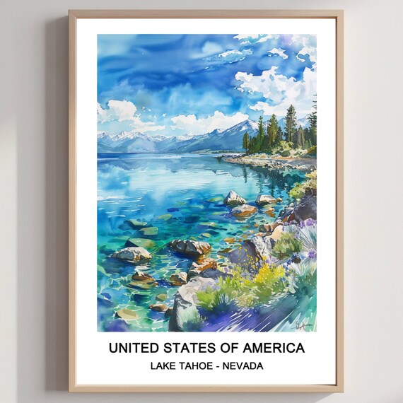 Lake Tahoe Nevada Crystal Clear Water Rocky Shore Watercolor Travel Poster